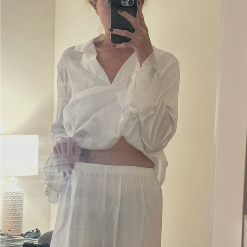 Satin Blouse Ruffle Flutter Hem PJ Set - Picture 7 of 8